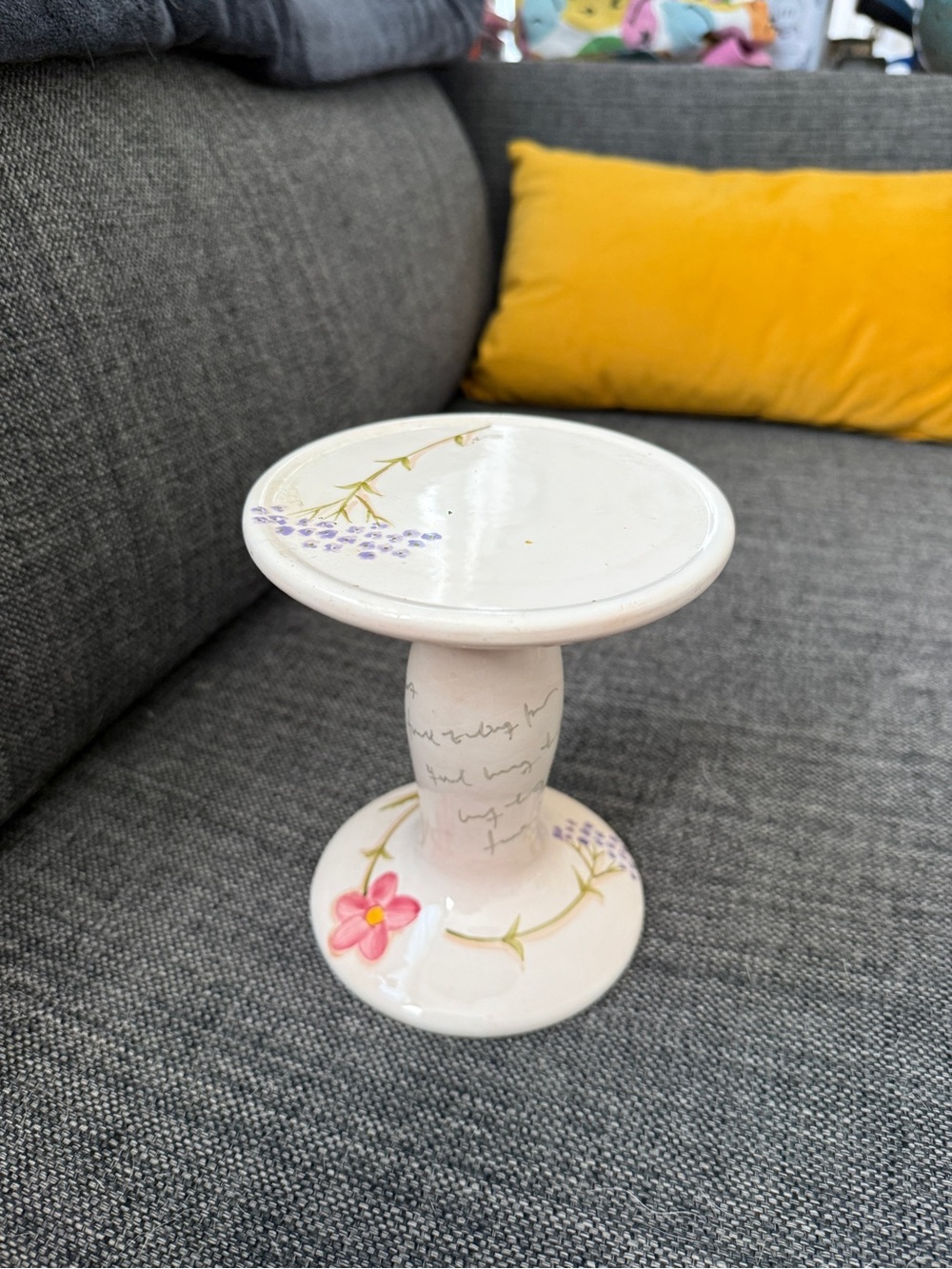 Hand-Painted Ceramic Pedestal Stand - White with Pink & Lavender Floral Accent